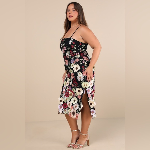 Lulu's Black Thriving Energy Black 3D Floral Embroidered Lace-Up Midi Dress - Picture 15 of 16